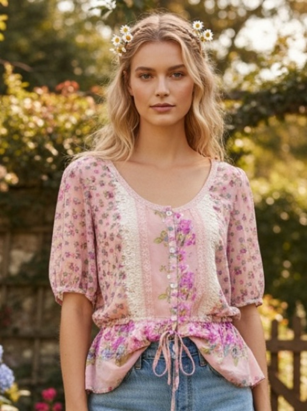 dELiA*s Y2K Cottagecore Floral Lace Trim Peplum Blouse Tie Waist Size M